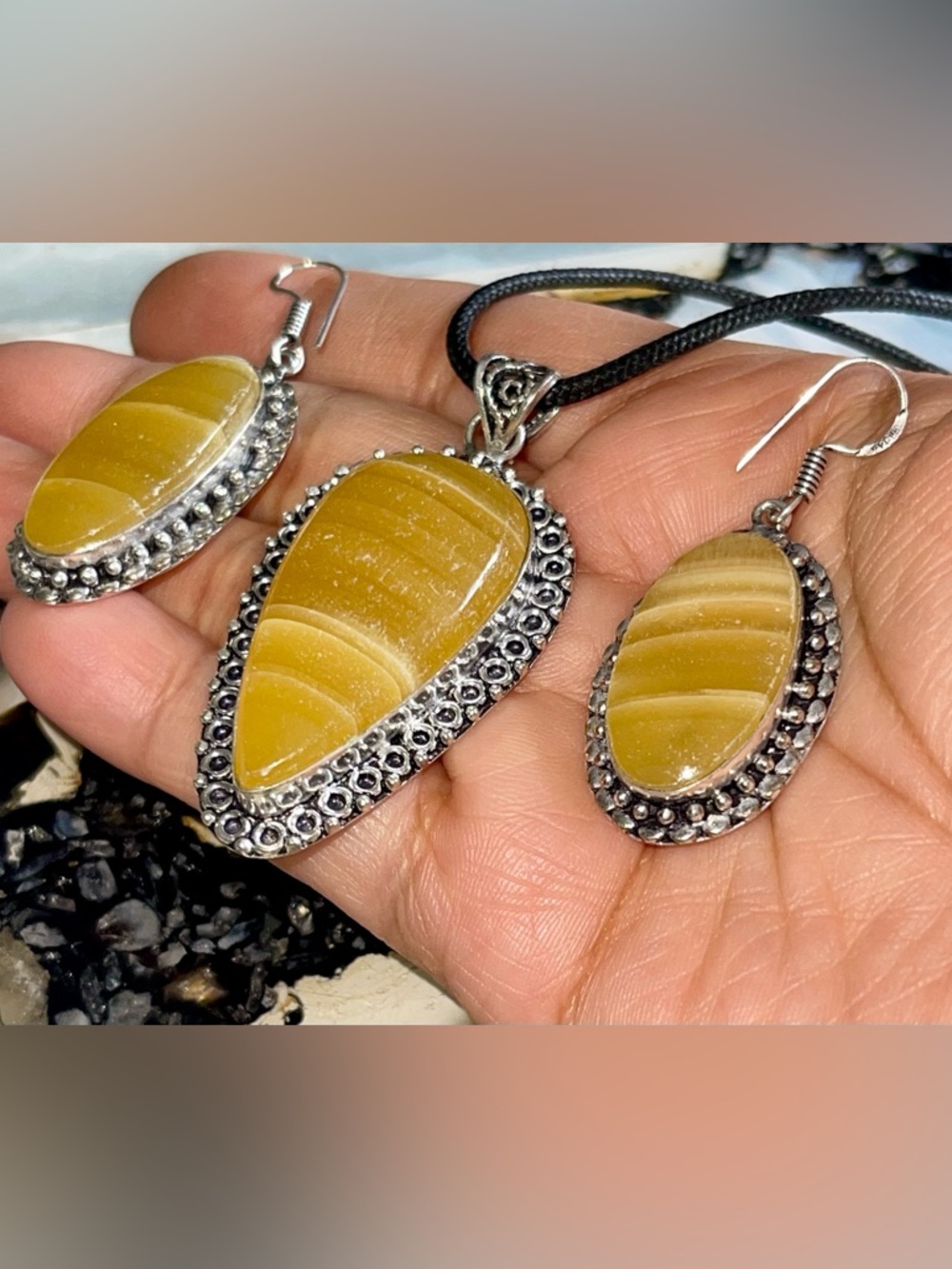 Opaque Yellow Agate Pendant & Earrings Set
